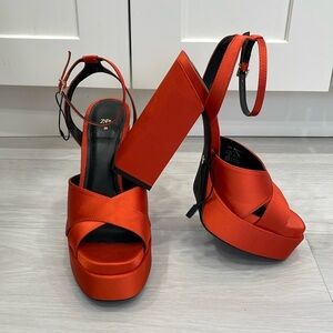 Zara Orange Satin Chunky Platform Heels